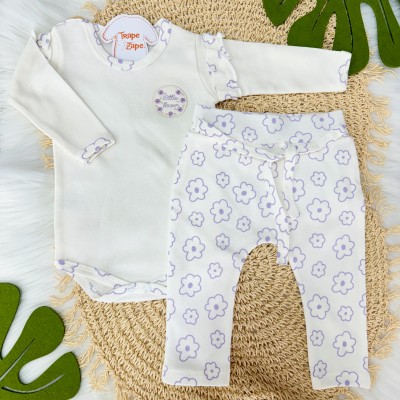 Conj. Body Manga Longa Little Flower e Calça Floral - Off White e Lilás